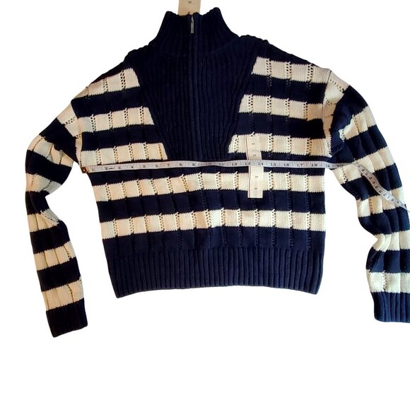 Navy & White Striped Cropped Sweater Half-Zip Collar XS 60% Cotton 40% Acrylic - Picture 3 of 10